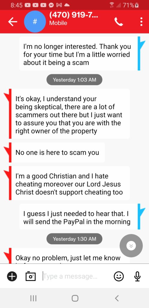 Screenshot of a text conversation with a scammer