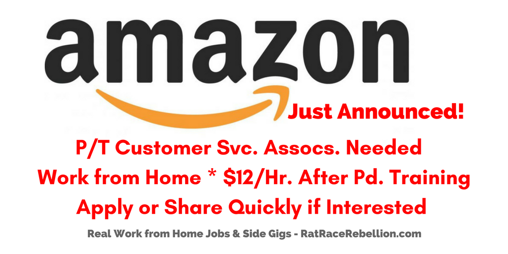 Amazon Seeks P T Work From Home Customer Service Assocs 12 Hr Paid Virtual Training Work From Home Jobs By Rat Race Rebellion