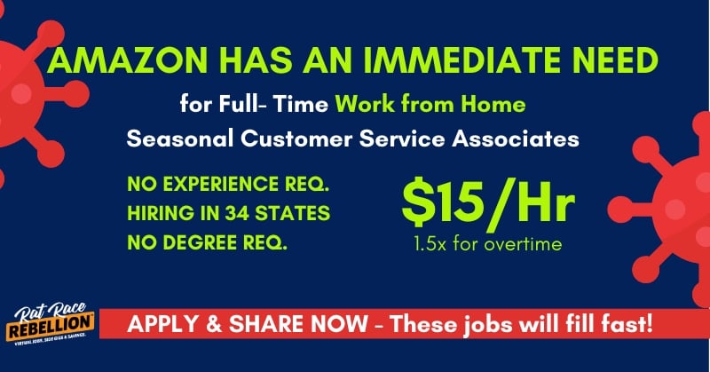 Apply Fast Amazon Now Hiring Work From Home Seasonal Customer Service Associates 15 Hr 34 States Work From Home Jobs By Rat Race Rebellion