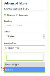 Screenshot of "Advanced Filters" menu. Distance radio button selected. Under the "Location Type" option, REMOTE is selected. 