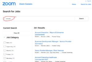 job search page with the word remote typed into the search field