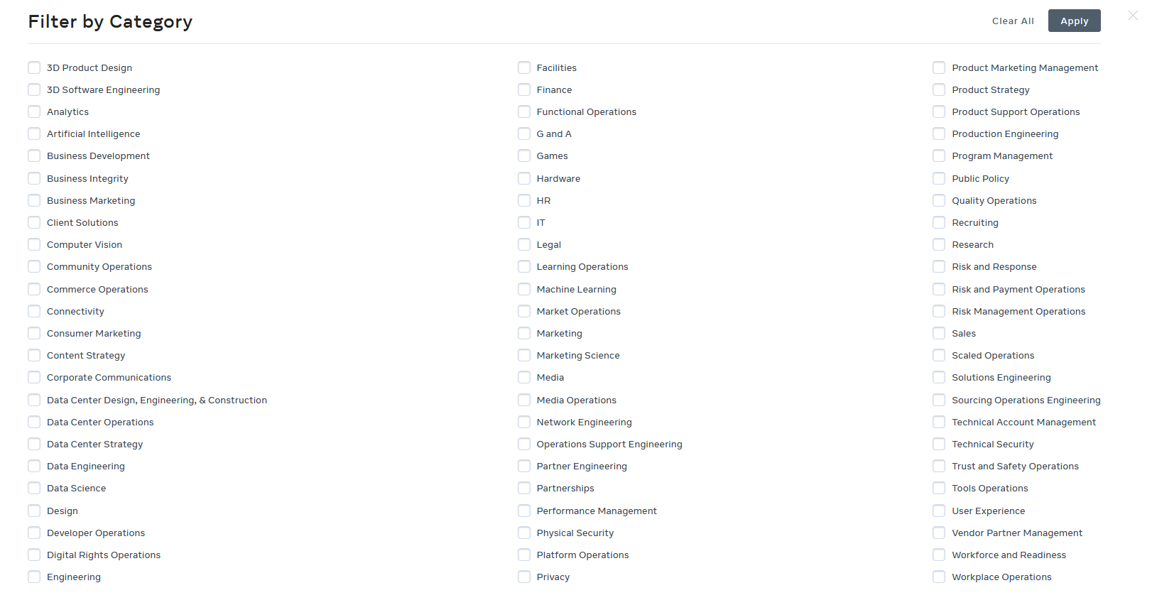 screenshot of job categories