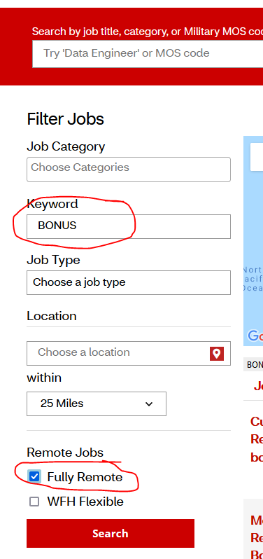 Filter jobs menu with the word BONUS typed into the Keyword field and the "Fully Remote" box checked. 