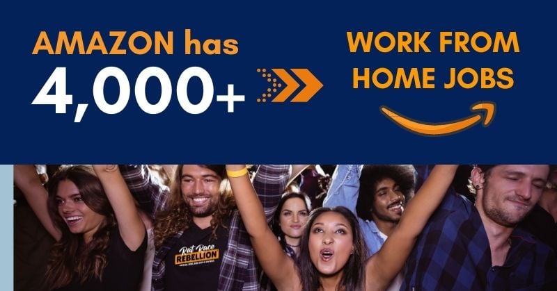 Amazon has 4,000+ work from home jobs. Amazon smile logo, crowd of happy people