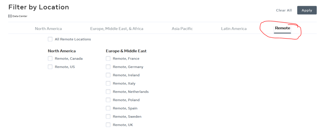 Screenshot of "Filter by Location" menu with "Remote" circled