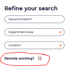 Refine your search menu with "Remote working?" checked and circled to showcase.