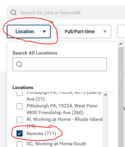 Drop-down "Location" menu with the "Remote" checkbox checked.