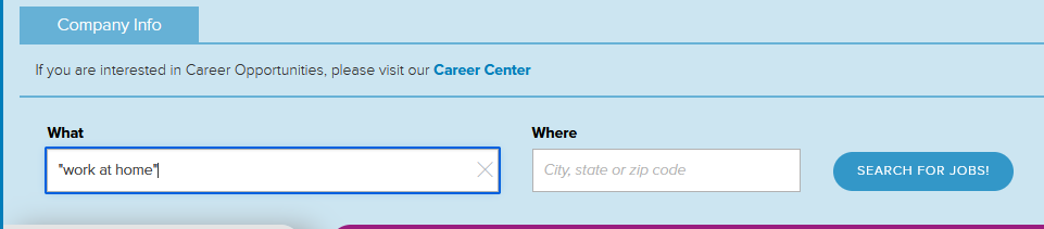 Search fields labeled "what" and "where" with the quoted phrase "work at home" typed into the what field. Followed by a "search for jobs! button.