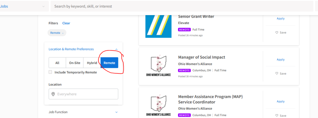 screenshot of the Idealist.org job search page with the remote option selected