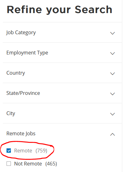 screenshot of "Refine your Search" menu with the "Remote" box checked in the "Remote Jobs" section