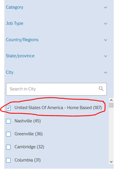 screenshot of Philips job search page with "United States of America - Home Based" option checked. 